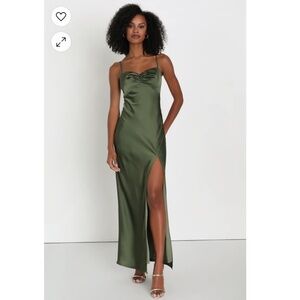 Lulus Serene Beauty Olive Green Satin Ruched Backless Maxi Slip Dress